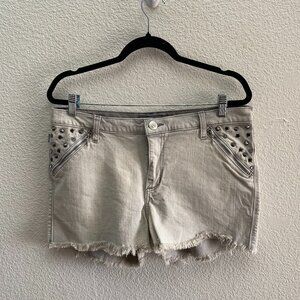 VTG Y2K Rock & Republic Pixie Studded Zip Pockets Raw Hem Denim Shorts 14 Gray